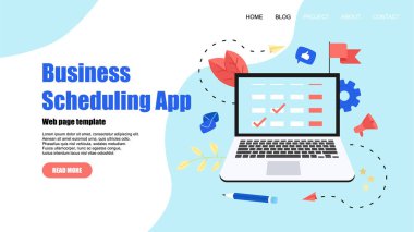 Web sayfası şablonu. Etkinlikler, Hatırlatmalar ve planlama ile dizüstü bilgisayar üzerinde düz tasarım iş planlama uygulaması