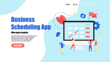 Web sayfası şablonu. Etkinlikler, Hatırlatmalar ve planlama ile dizüstü bilgisayar üzerinde düz tasarım iş planlama uygulaması