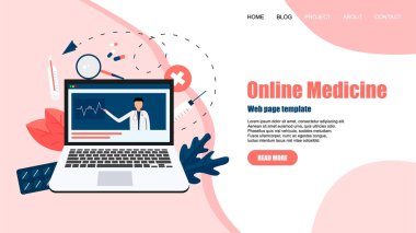 Web sayfası şablonu. Online Sağlık ve Tıbbi Danışma konsepti. Vektör düz illüstrasyon