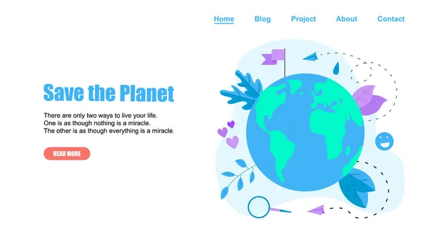 Web テンプレート。惑星ベクトルフラットイラストを保存します。地球と環境を救うコンセプト — ストックベクタ