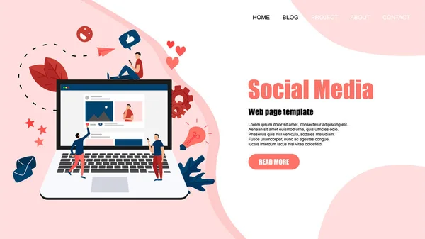 Plantilla web con concepto de redes sociales con contenido fotográfico, me gusta y comentario. Ilustración plana del vector — Vector de stock