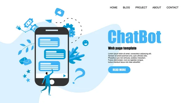 Plantilla de página web. Concepto de negocio Chatbot. Comunicación con chatbot. Inteligencia artificial en atención al cliente — Archivo Imágenes Vectoriales