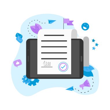 Online elektronik akıllı sözleşme belgesi, kağıt belge, cihaz ekranında imza. İş kavramı