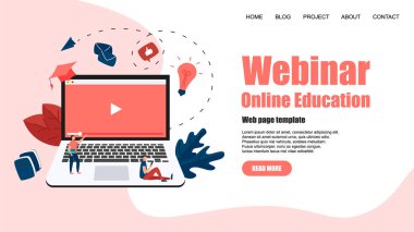 Web şablonu. Webinar, İnternet Konferansı, Web tabanlı seminer, online eğitim, e-öğrenme düz tasarım kavramı