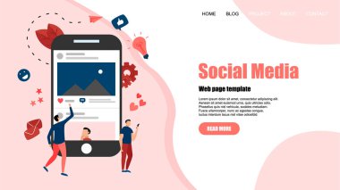Fotoğraf içeriği, gibi ve yorum ile sosyal medya konsepti ile Web şablonu. Vektör düz illüstrasyon