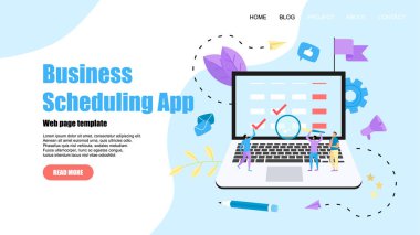 Web sayfası şablonu. Etkinlikler, Hatırlatmalar ve planlama ile dizüstü bilgisayar üzerinde düz tasarım iş planlama uygulaması