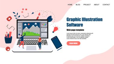 Web sayfası şablonu. Yaratıcı bir proje ile açık illüstrasyon uygulaması ile düz vektör grafik çizim kavramı