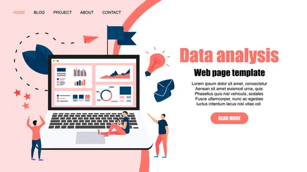 Modelo Web. Mans estudando estatísticas financeiras no monitor de tela. Relatórios financeiros, gráficos gráficos em telas de desktop. Conceito de negócio — Vetor de Stock