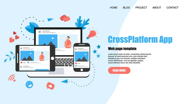 Modelo Web. Computador portátil, tablet e telefone celular com conta de mídia social —  Vetores de Stock