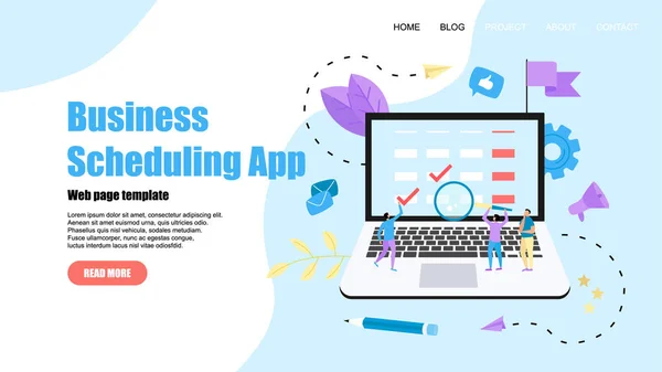 ウェブページテンプレート。イベント、リマインダーや計画を持つラップトップコンピュータ上のフラットデザインビジネススケジューリングアプリ — ストックベクタ