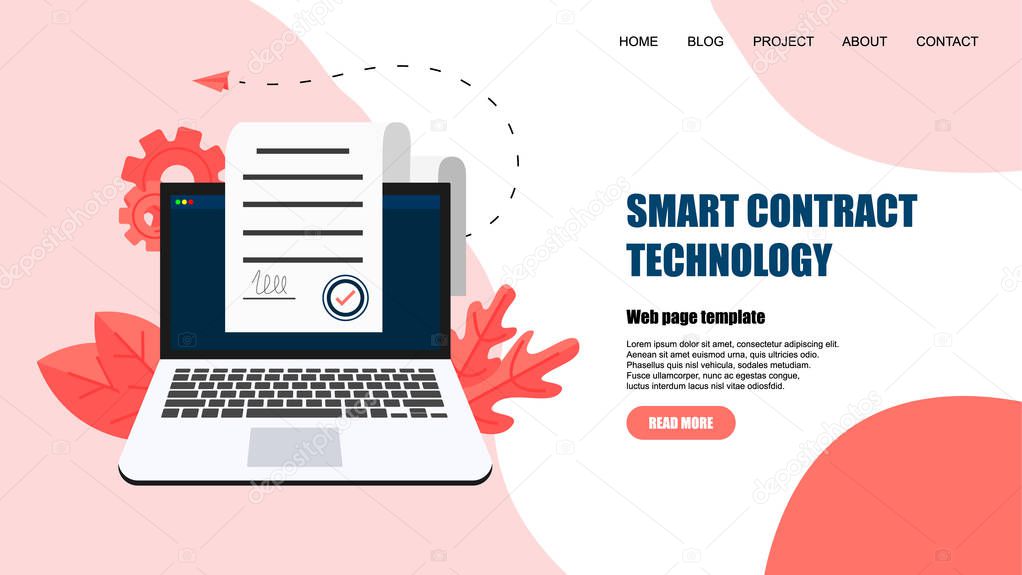 Web template. Online electronic smart contract document, paper document, signature on computer screen. vector illustration. Business concept