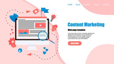 Içerik pazarlama kavramı. Web sitesi açılış Web sayfası şablonu