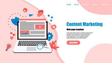 Içerik pazarlama kavramı. Web sitesi açılış Web sayfası şablonu