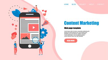 Içerik pazarlama kavramı. Web sitesi açılış Web sayfası şablonu