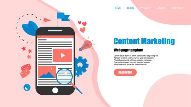 Içerik pazarlama kavramı. Web sitesi açılış Web sayfası şablonu