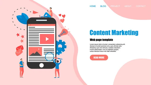 Concept de marketing de contenu. Modèle de page Web d'atterrissage de site Web — Image vectorielle
