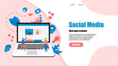 Fotoğraf içeriği, gibi ve yorum ile sosyal medya konsepti ile Web şablonu. Vektör düz illüstrasyon