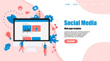 Fotoğraf içeriği, gibi ve yorum ile sosyal medya konsepti ile Web şablonu. Vektör düz illüstrasyon