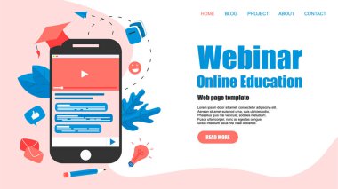 Web şablonu. Webinar, İnternet Konferansı, Web tabanlı seminer, online eğitim, e-öğrenme düz tasarım kavramı