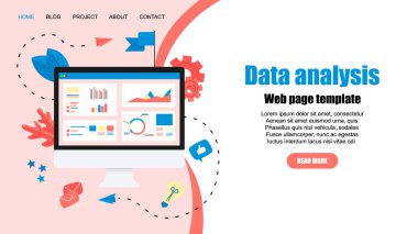 Web şablonu. Mans ekran monitörde finansal istatistik okuyor. Mali raporlar, masaüstü ekranlarında grafikler grafikler.