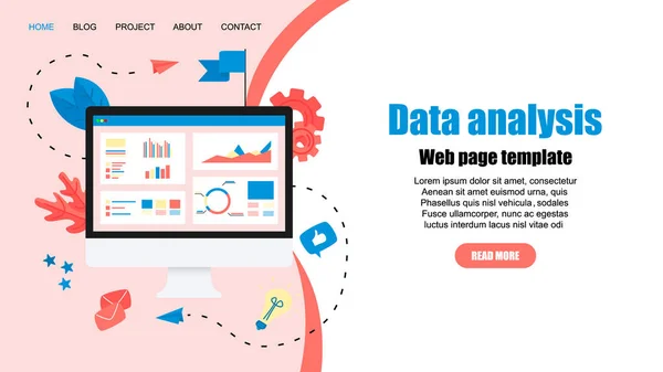 Modelo Web. Mans estudando estatísticas financeiras no monitor de tela. Relatórios financeiros, gráficos gráficos em telas de desktop . —  Vetores de Stock