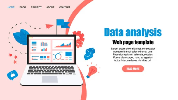 Plantilla Web Los hombres estudiando estadísticas financieras en el monitor de pantalla. Informes financieros, gráficos gráficos en pantallas de escritorio . — Archivo Imágenes Vectoriales