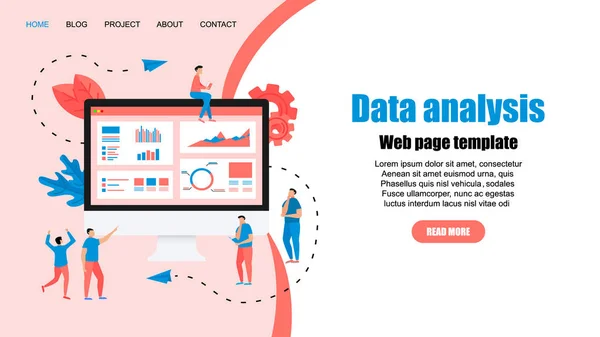 Modelo Web. Mans estudando estatísticas financeiras no monitor de tela. Relatórios financeiros, gráficos gráficos em telas de desktop . —  Vetores de Stock