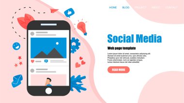 Fotoğraf içeriği, gibi ve yorum ile sosyal medya konsepti ile Web şablonu. Vektör düz illüstrasyon