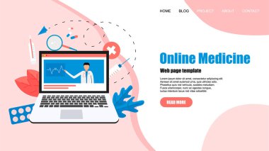 Web sayfası şablonu. Online Sağlık ve Tıbbi Danışma konsepti. Vektör düz illüstrasyon