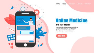 Web sayfası şablonu. Online Sağlık ve Tıbbi Danışma konsepti. Vektör düz illüstrasyon