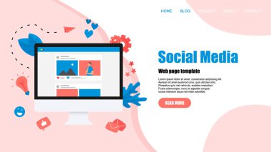 Fotoğraf içeriği, gibi ve yorum ile sosyal medya konsepti ile Web şablonu. Vektör düz illüstrasyon