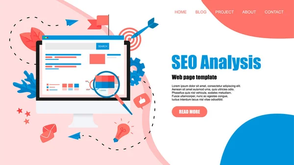 Webpage template. Seo analysis with search and magnifier on desktop. Business concept — Stock Vector