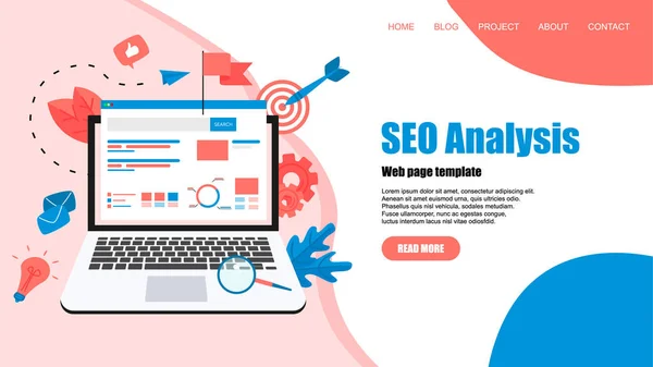 Webpage template. Seo analysis with search and magnifier on desktop. Business concept — Stock Vector