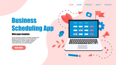 Web sayfası şablonu. Etkinlikler, Hatırlatmalar ve planlama ile dizüstü bilgisayar üzerinde düz tasarım iş planlama uygulaması