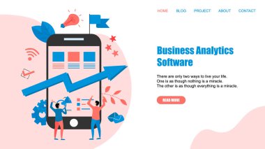 Web sayfası Şablonu. İş analizi yazılım mavi ok. Finans kavramı.