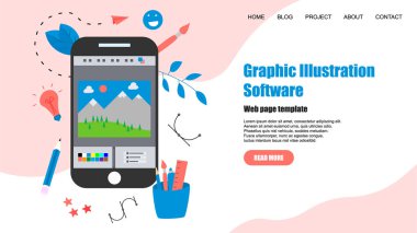 Web sayfası şablonu. Yaratıcı bir proje ile açık illüstrasyon uygulaması ile düz vektör grafik çizim kavramı
