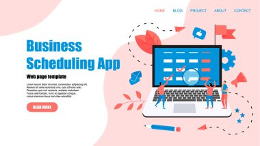 Web sayfası şablonu. Etkinlikler, Hatırlatmalar ve planlama ile dizüstü bilgisayar üzerinde düz tasarım iş planlama uygulaması