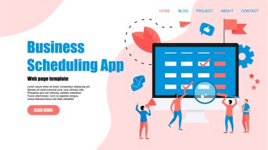 Web sayfası şablonu. Etkinlikler, Hatırlatmalar ve planlama ile dizüstü bilgisayar üzerinde düz tasarım iş planlama uygulaması