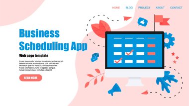 Web sayfası şablonu. Etkinlikler, Hatırlatmalar ve planlama ile dizüstü bilgisayar üzerinde düz tasarım iş planlama uygulaması