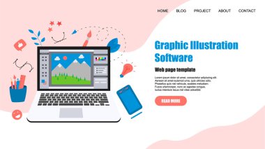 Web sayfası şablonu. Yaratıcı bir proje ile açık illüstrasyon uygulaması ile düz vektör grafik çizim kavramı