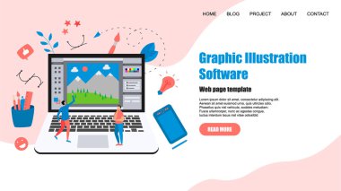 Web sayfası şablonu. Yaratıcı bir proje ile açık illüstrasyon uygulaması ile düz vektör grafik çizim kavramı
