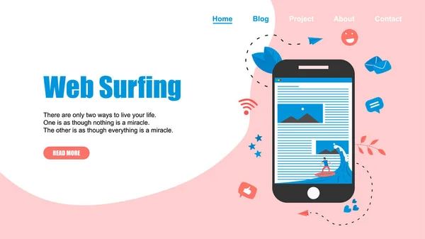 Web sayfası şablonu. Surfer bir dalga Web sayfası vektör illüstrasyon sörf. Web sayfası sörf konsepti. — Stok Vektör