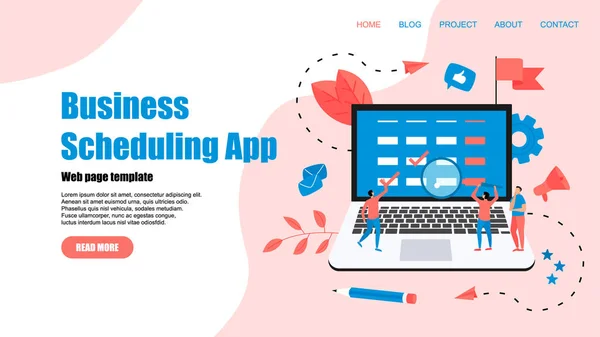 Modelo de página web. aplicativo de programação de negócios de design plano no computador portátil com eventos, lembretes e planejamento —  Vetores de Stock