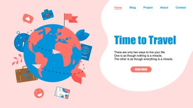 Web sayfası şablonu. Seyahat zamanı kavramı. İki uçak ile seyahat düz tasarım kavramı için Planet Earth