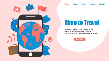 Web sayfası şablonu. Seyahat zamanı kavramı. İki uçak ile seyahat düz tasarım kavramı için Planet Earth