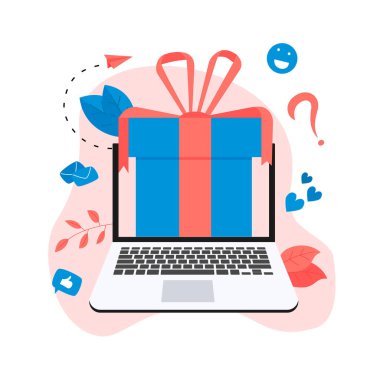 Çevrimiçi hediye kutusu. Çevrimiçi mağaza veya mağaza sadakat programı ve ikramiye tanıtımı. Reklam için vektör illüstrasyonu.