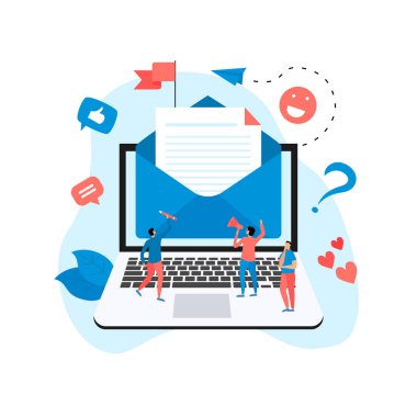 Küçük dijital ajans yöneticileri ile dizüstü bilgisayarda büyük harf ile e-posta pazarlama ve mesaj kavramı vektör illüstrasyon.