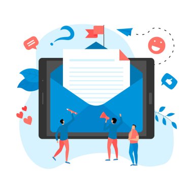 Küçük dijital ajans yöneticileri ile tablet üzerinde büyük harf ile e-posta pazarlama ve mesaj kavramı vektör illüstrasyon.