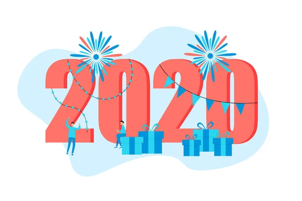Szczęśliwego nowego roku 2020 koncepcja, karta okolicznościowa z ludźmi charakter płaski projekt. Szablon strony internetowej i baneru — Wektor stockowy