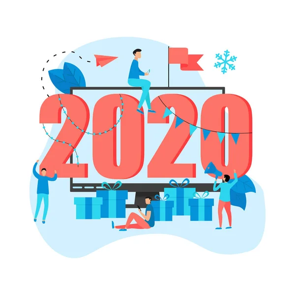 Szczęśliwego nowego roku 2020 koncepcja, kartka z życzeniami z postacią ludzi w monitorze komputera. Szablon strony internetowej i baneru.. — Wektor stockowy